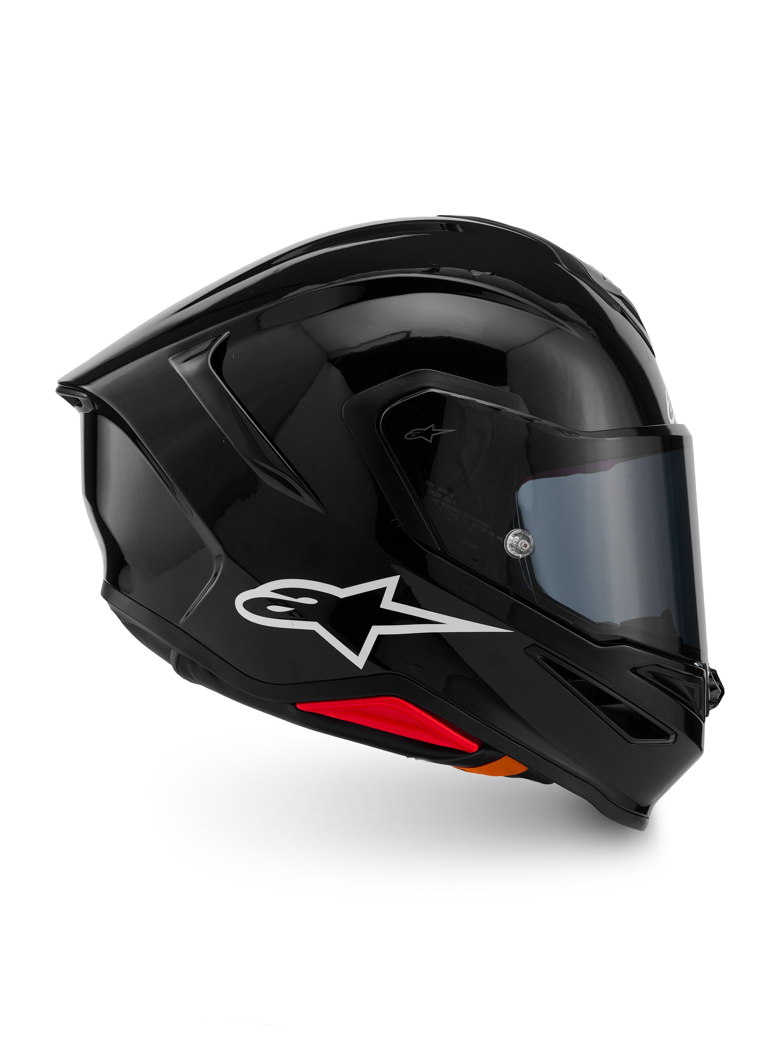 Casco Alpinestars S-R7 Solid, casco integrale da moto, nero lucido, vista laterale con logo Alpinestars bianco, calotta aerodinamica con spoiler integrato e accenti rossi alla base, progettato per prestazioni racing e sportive.