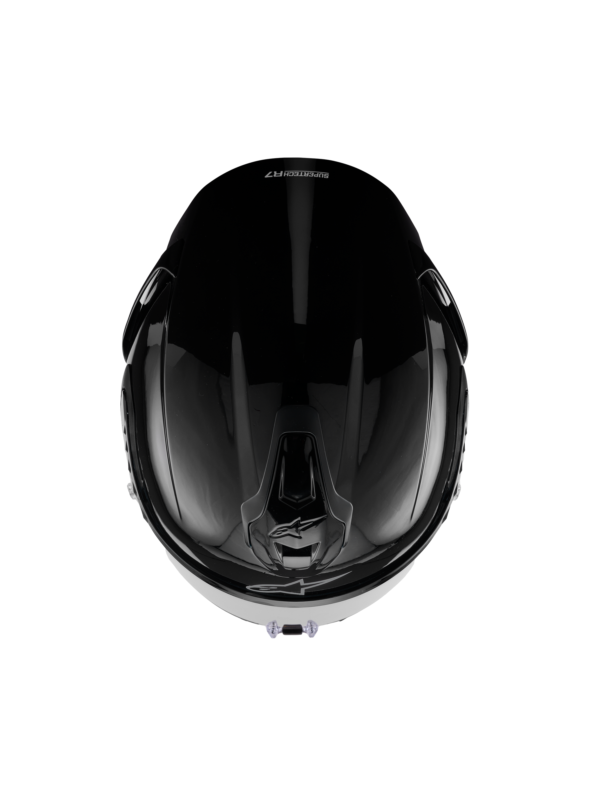 Casco Alpinestars S-R7 Solid, casco integrale da moto, nero lucido, vista dall'alto che mostra la calotta aerodinamica, le prese di ventilazione e l'elegante finitura lucida