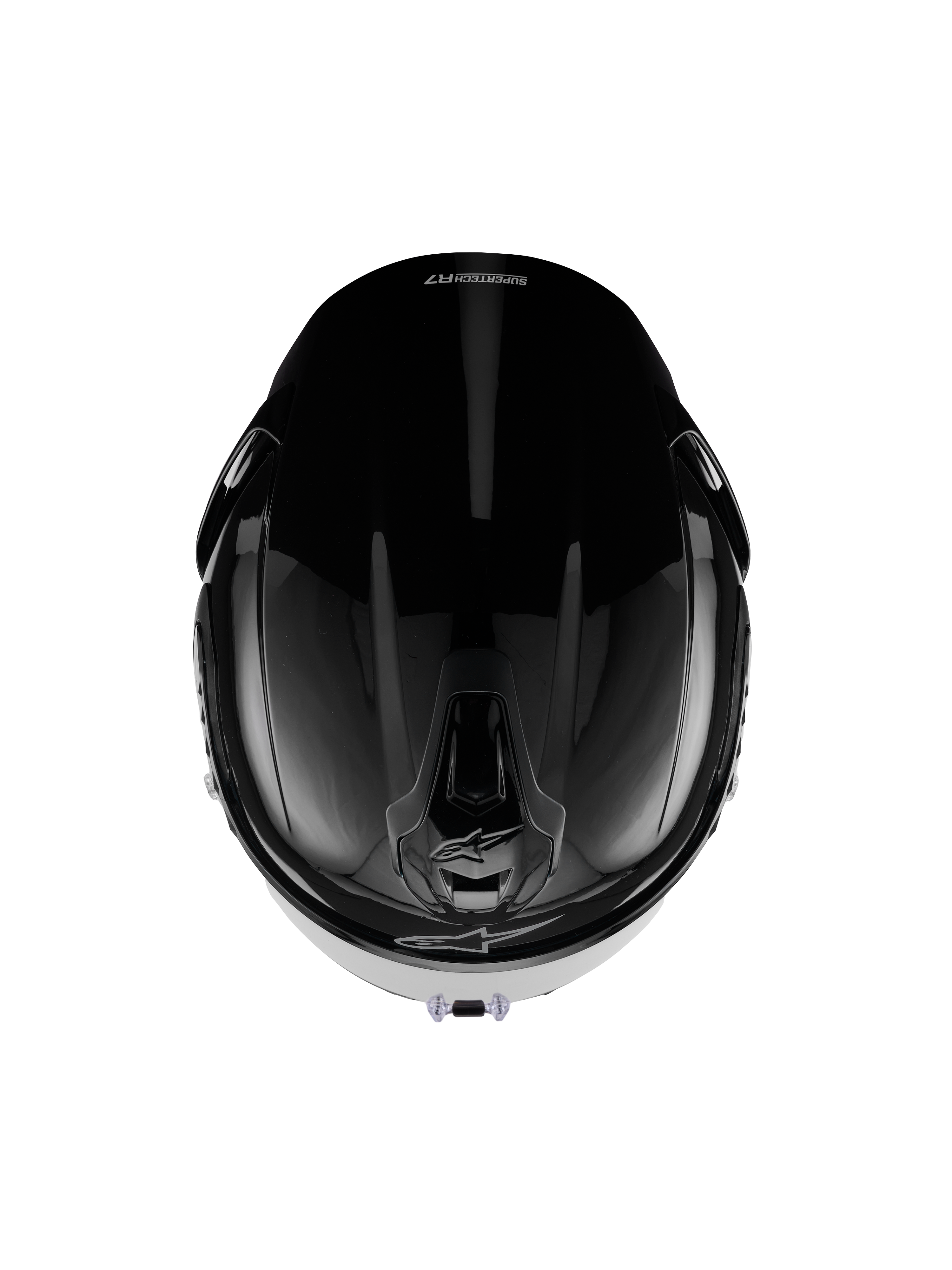 Casco Alpinestars S-R7 Solid, casco integrale da moto, nero lucido, vista dall'alto che mostra la calotta aerodinamica, le prese di ventilazione e l'elegante finitura lucida