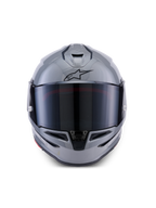 Casco Alpinestars S-R7 Solid, casco integrale da moto, grigio lucido, vista frontale con visiera scura, logo A-star nero sulla fronte, calotta aerodinamica con ventilazione integrata, progettato per prestazioni racing e sportive
