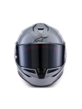 Casco Alpinestars S-R7 Solid, casco integrale da moto, grigio lucido, vista frontale con visiera scura, logo A-star nero sulla fronte, calotta aerodinamica con ventilazione integrata, progettato per prestazioni racing e sportive