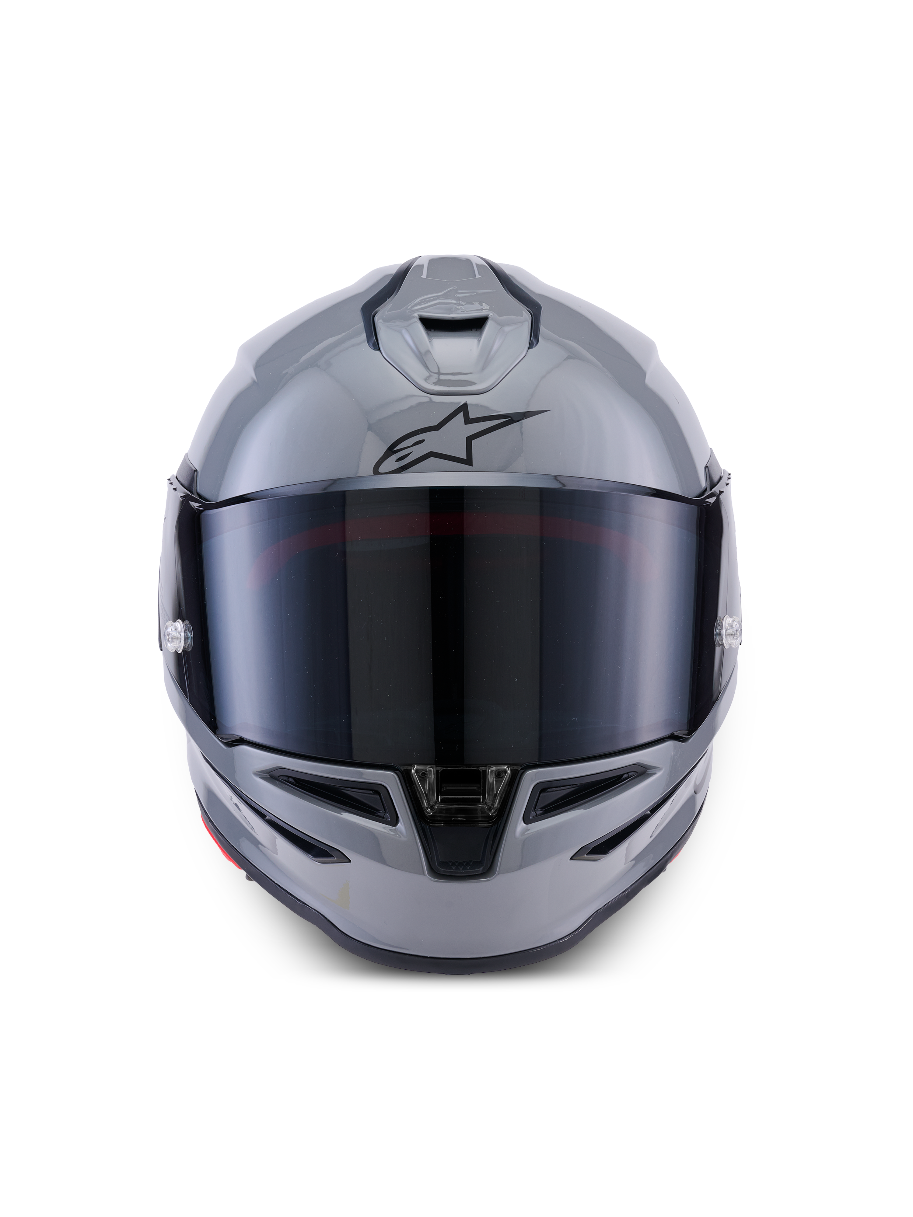 Casco Alpinestars S-R7 Solid, casco integrale da moto, grigio lucido, vista frontale con visiera scura, logo A-star nero sulla fronte, calotta aerodinamica con ventilazione integrata, progettato per prestazioni racing e sportive