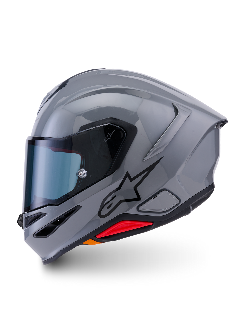 Alpinestars S-R7 Solid Helmet, casco integrale da moto, Grigio Lucido, profilo laterale con design aerodinamico e spoiler integrato, logo a stella nero e accento rosso alla base