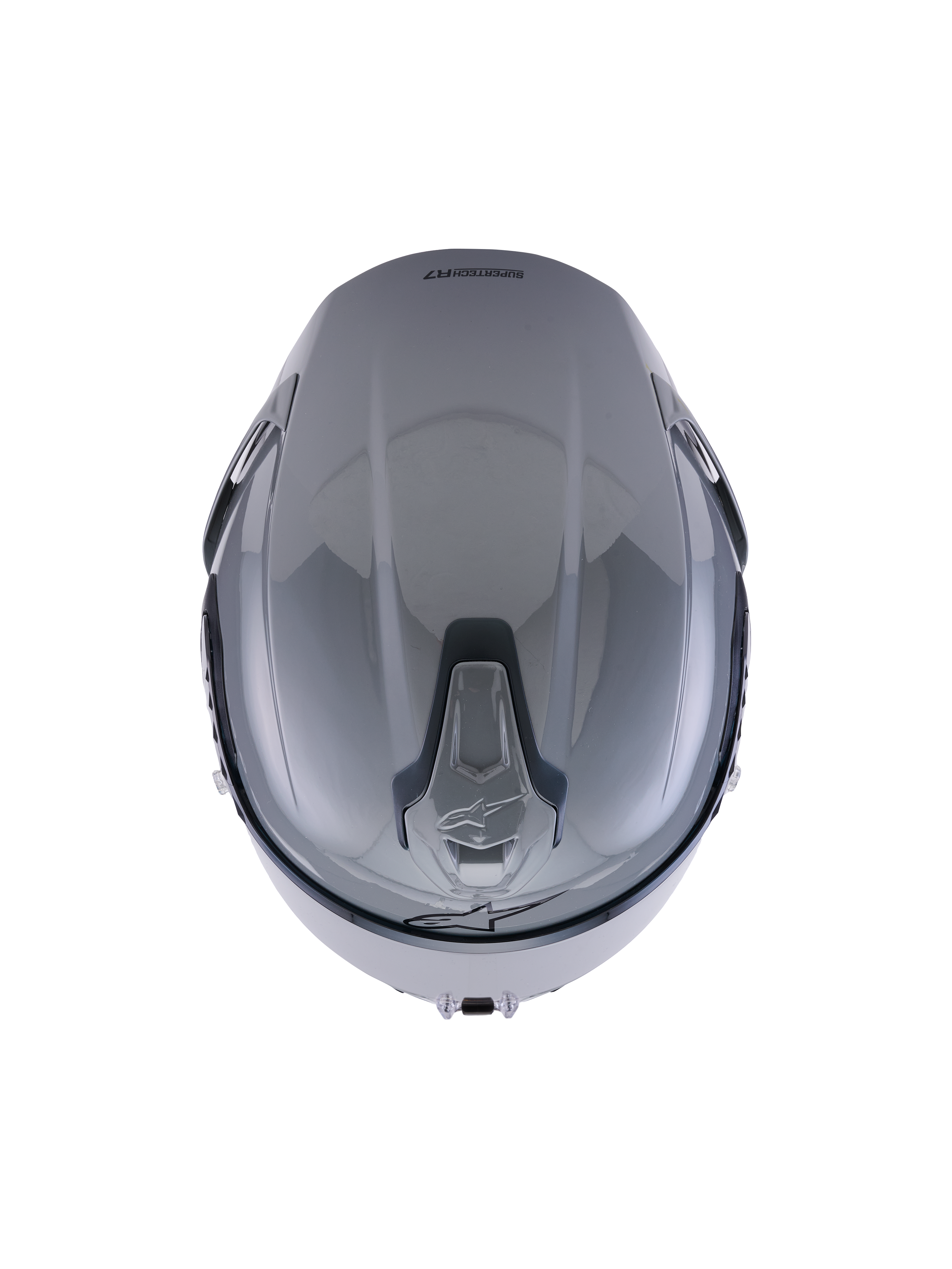 Alpinestars S-R7 Solid Helmet, Grigio Lucido, vista dall'alto che mette in risalto il design aerodinamico della calotta e le prese di ventilazione superiori scorrevoli integrate.