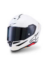 Casco Alpinestars S-R7 Solid, casco integrale da moto, bianco lucido, visiera fumo scuro, logo a stella nero sulla fronte e sul lato, calotta aerodinamica con prese di ventilazione e dettagli rossi, equipaggiamento ad alte prestazioni per pista e strada