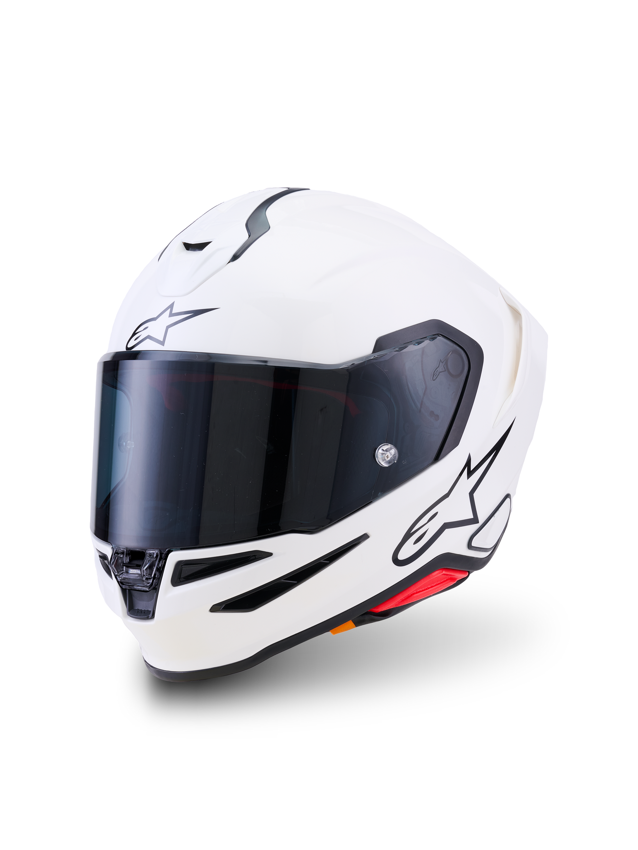 Casco Alpinestars S-R7 Solid, casco integrale da moto, bianco lucido, visiera fumo scuro, logo a stella nero sulla fronte e sul lato, calotta aerodinamica con prese di ventilazione e dettagli rossi, equipaggiamento ad alte prestazioni per pista e strada