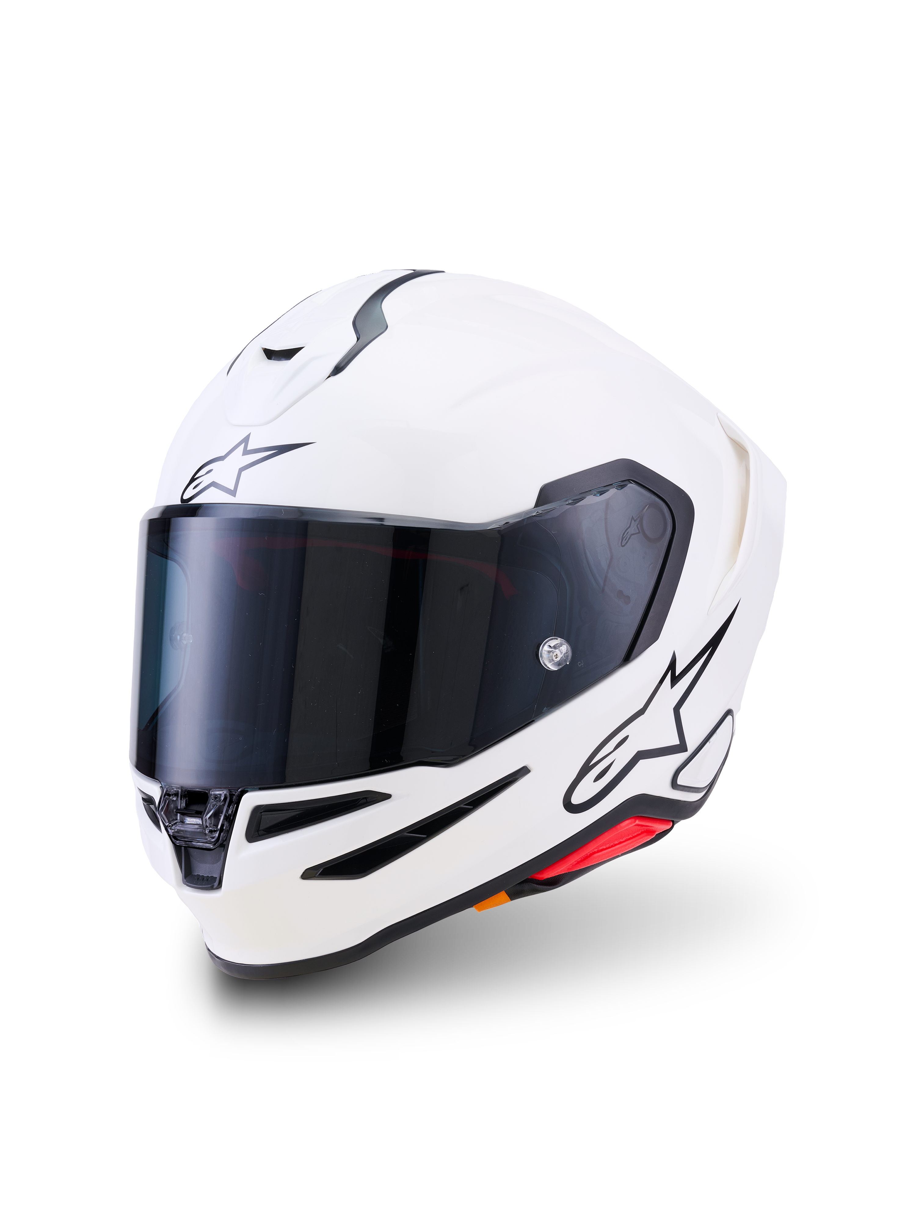 Casco Alpinestars S-R7 Solid, casco integrale da moto, bianco lucido, visiera fumo scuro, logo a stella nero sulla fronte e sul lato, calotta aerodinamica con prese di ventilazione e dettagli rossi, equipaggiamento ad alte prestazioni per pista e strada