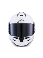Casco Alpinestars S-R7 Solid, casco integrale da moto, bianco lucido, vista frontale con visiera scura, calotta aerodinamica con prese d'aria integrate, equipaggiamento professionale da corsa e sportivo