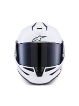 Casco Alpinestars S-R7 Solid, casco integrale da moto, bianco lucido, vista frontale con visiera scura, calotta aerodinamica con prese d'aria integrate, equipaggiamento professionale da corsa e sportivo