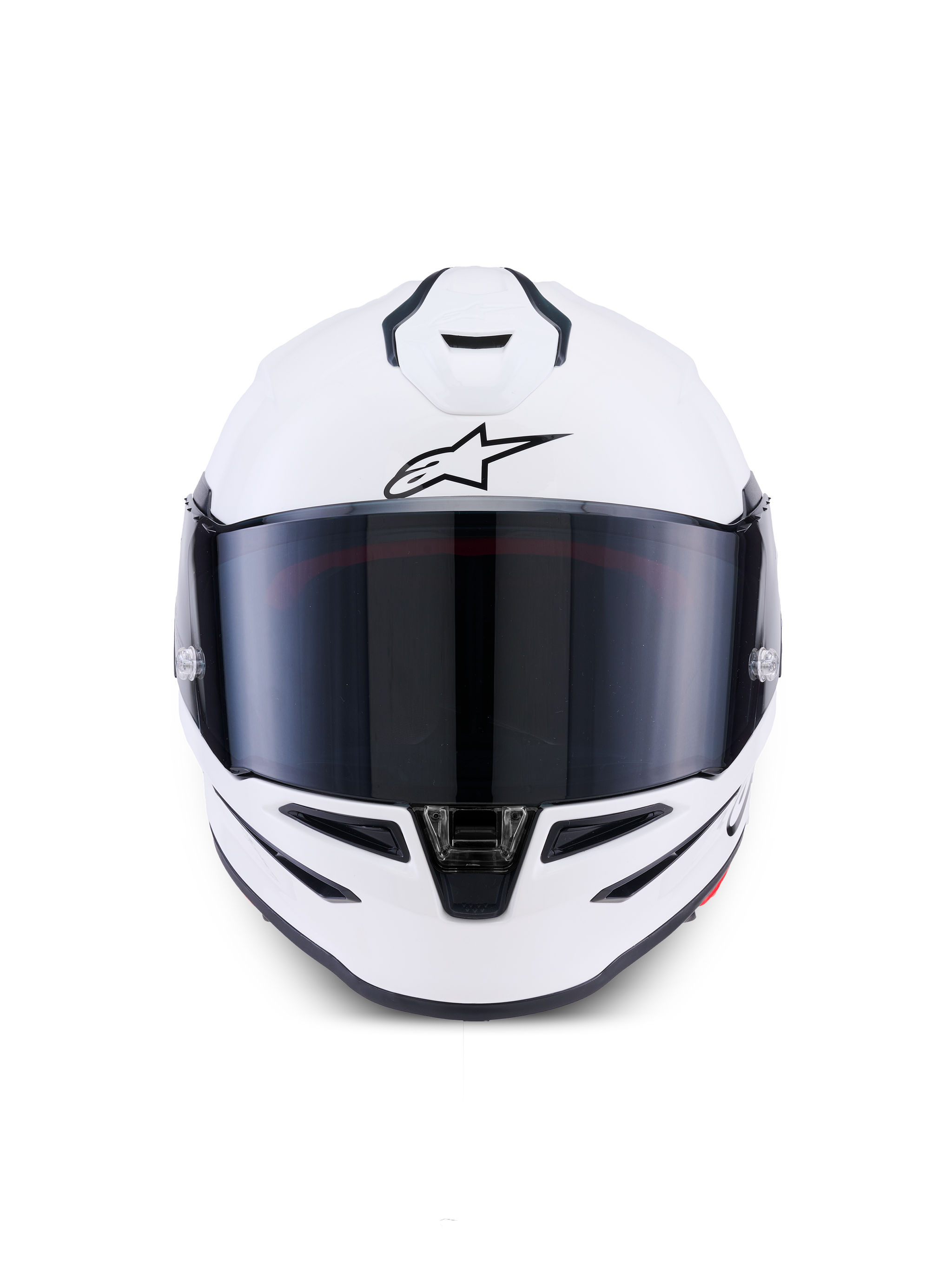 Casco Alpinestars S-R7 Solid, casco integrale da moto, bianco lucido, vista frontale con visiera scura, calotta aerodinamica con prese d'aria integrate, equipaggiamento professionale da corsa e sportivo