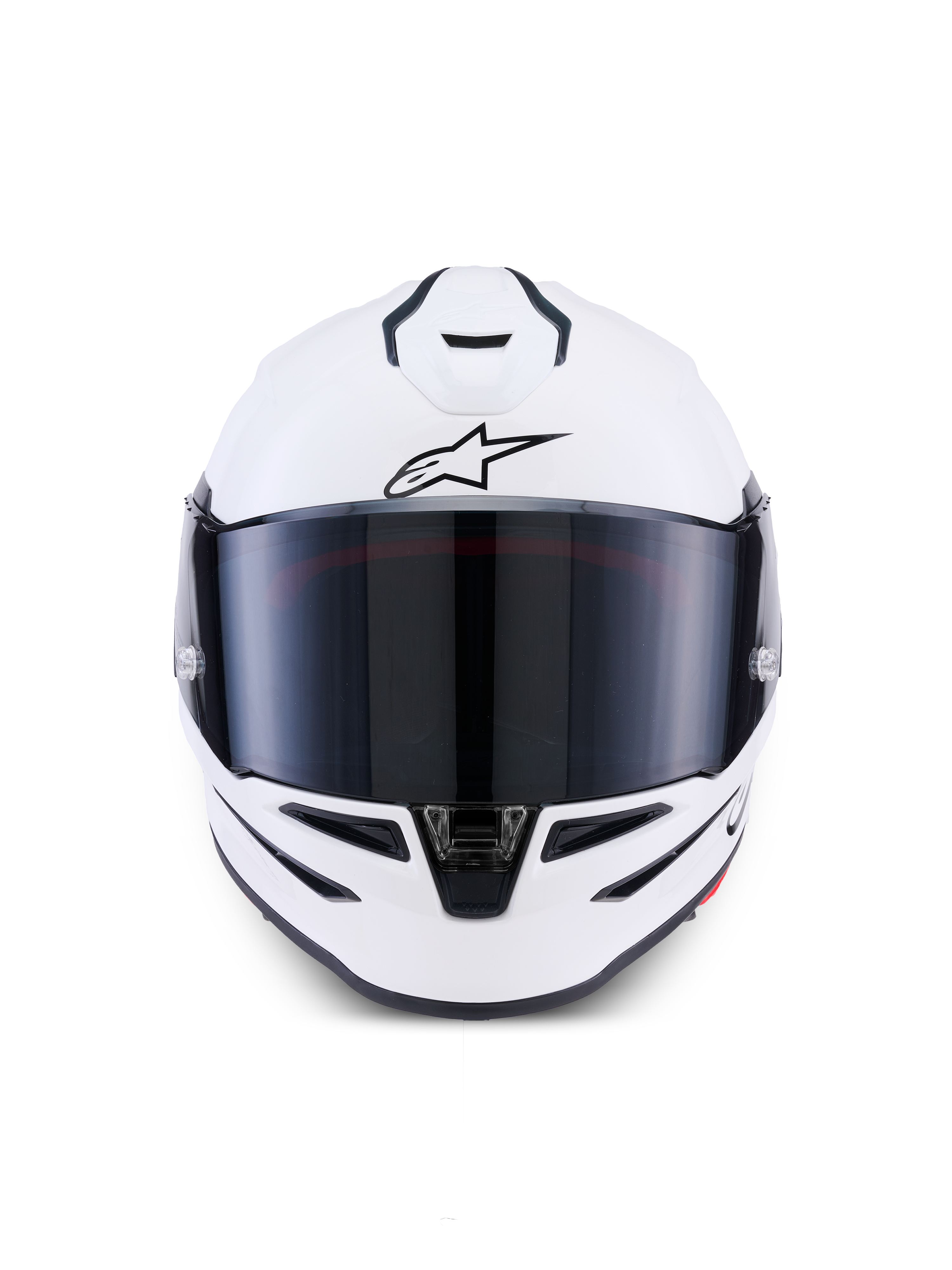 Casco Alpinestars S-R7 Solid, casco integrale da moto, bianco lucido, vista frontale con visiera scura, calotta aerodinamica con prese d'aria integrate, equipaggiamento professionale da corsa e sportivo