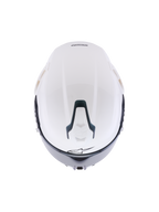 Casco Alpinestars S-R7 Solid, casco integrale da moto bianco lucido, vista dall'alto che mostra la calotta aerodinamica, presa di ventilazione superiore scorrevole con accenti neri e l'iconico logo a stella, design elegante di ispirazione racing per la stabilità ad alta velocità.