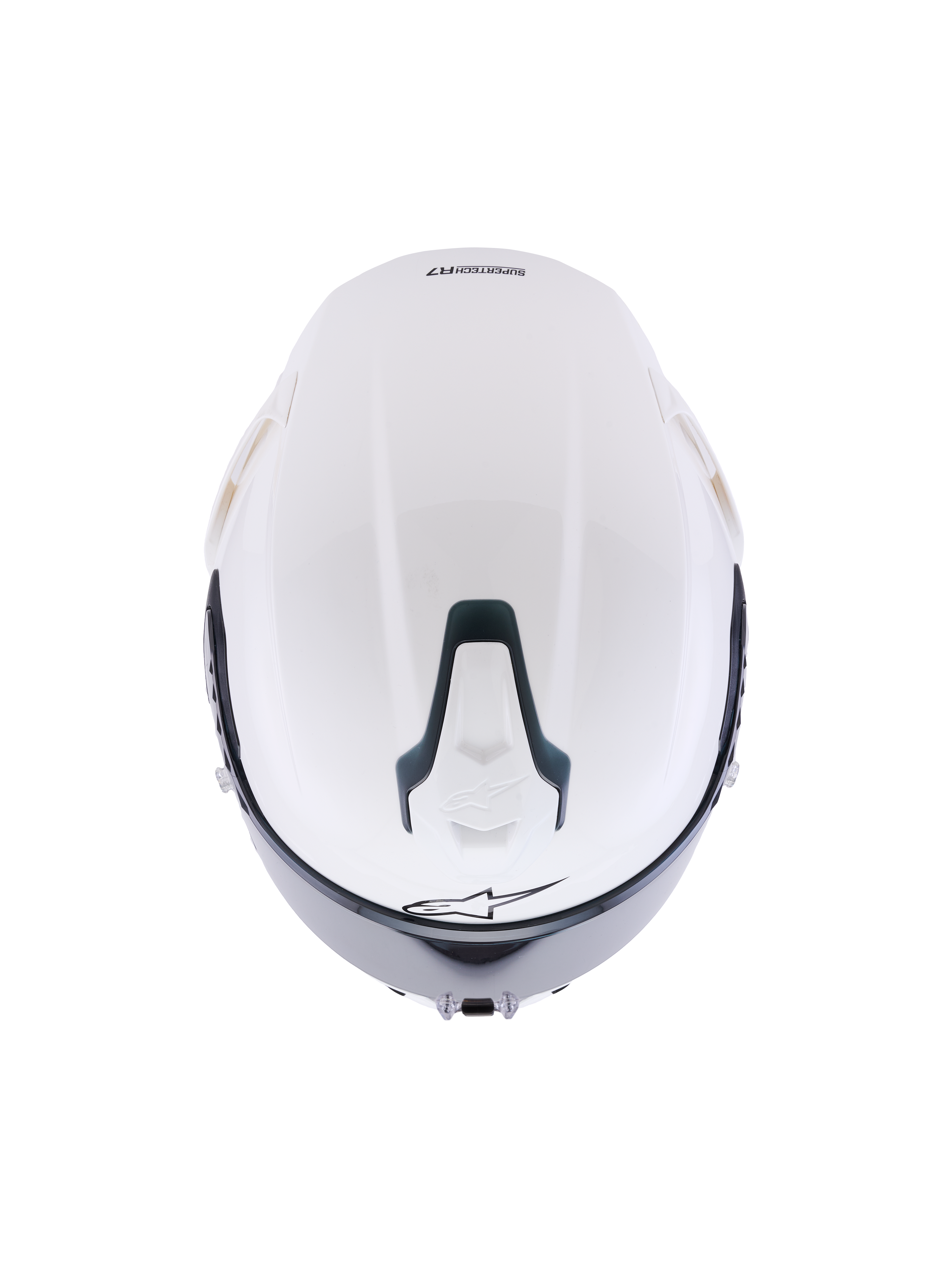 Casco Alpinestars S-R7 Solid, casco integrale da moto bianco lucido, vista dall'alto che mostra la calotta aerodinamica, presa di ventilazione superiore scorrevole con accenti neri e l'iconico logo a stella, design elegante di ispirazione racing per la stabilità ad alta velocità.