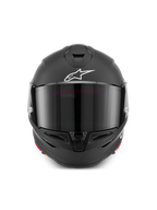 Alpinestars S-R7 Solid Casco ECE06/DOT, casco da moto integrale nero opaco, vista anteriore con visiera scura, logo Astar bianco e calotta in composito di carbonio