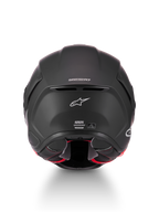 Alpinestars S-R7 Solid Casco ECE06/DOT, casco da moto racing, nero opaco, vista posteriore con branding Supertech R7, presa d'aria posteriore e etichetta di certificazione ECE