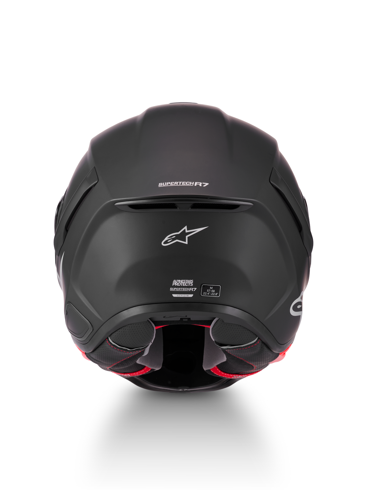 Alpinestars S-R7 Solid Casco ECE06/DOT, casco da moto racing, nero opaco, vista posteriore con branding Supertech R7, presa d'aria posteriore e etichetta di certificazione ECE
