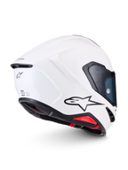 Alpinestars Casco S-R7 Solid ECE 22.06, casco integrale da moto racing, bianco lucido, vista laterale posteriore con calotta aerodinamica in composito di carbonio, logo A-star nero e certificazione ECE 22.06