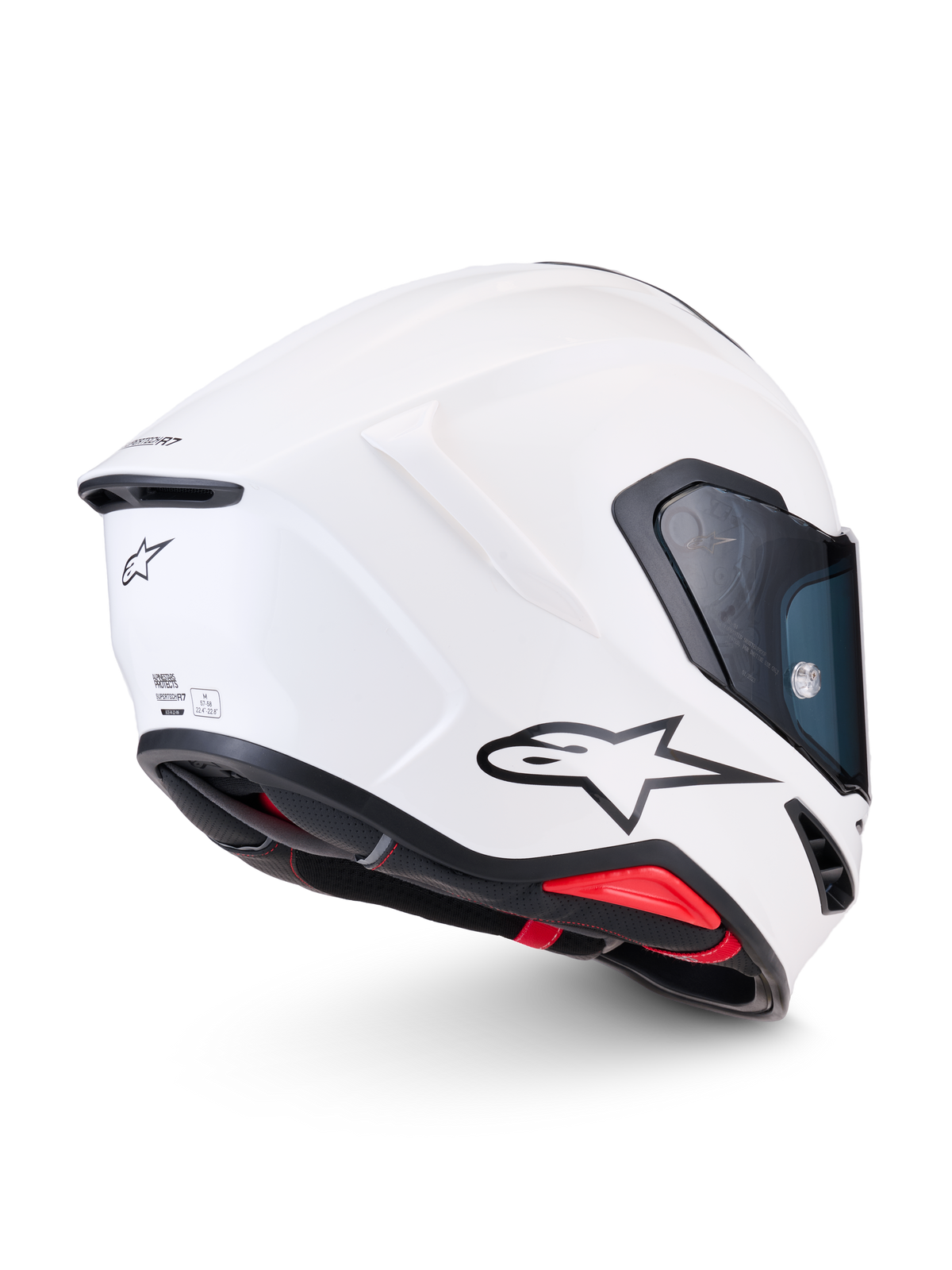 Alpinestars Casco S-R7 Solid ECE 22.06, casco integrale da moto racing, bianco lucido, vista laterale posteriore con calotta aerodinamica in composito di carbonio, logo A-star nero e certificazione ECE 22.06