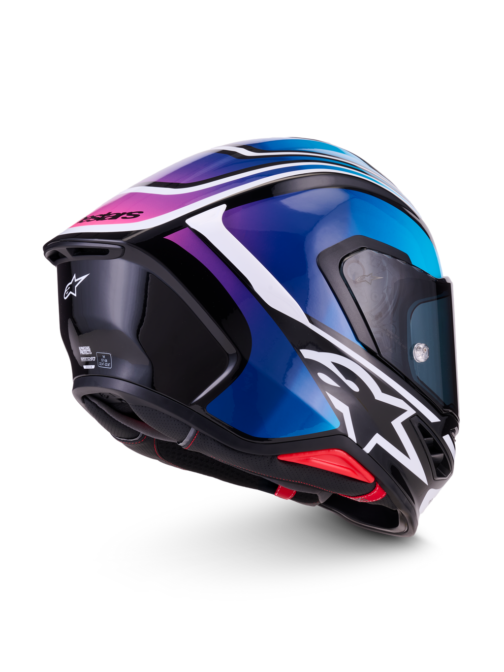 Alpinestars S-R7 Zeal Casco ECE 22.06, casco integrale da moto racing in nero, blu, rosa e bianco lucido, vista laterale e posteriore con spoiler aerodinamico e design grafico