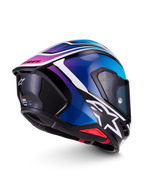 Alpinestars S-R7 Zeal Casco ECE 22.06, casco integrale da moto racing in nero, blu, rosa e bianco lucido, vista laterale e posteriore con spoiler aerodinamico e design grafico