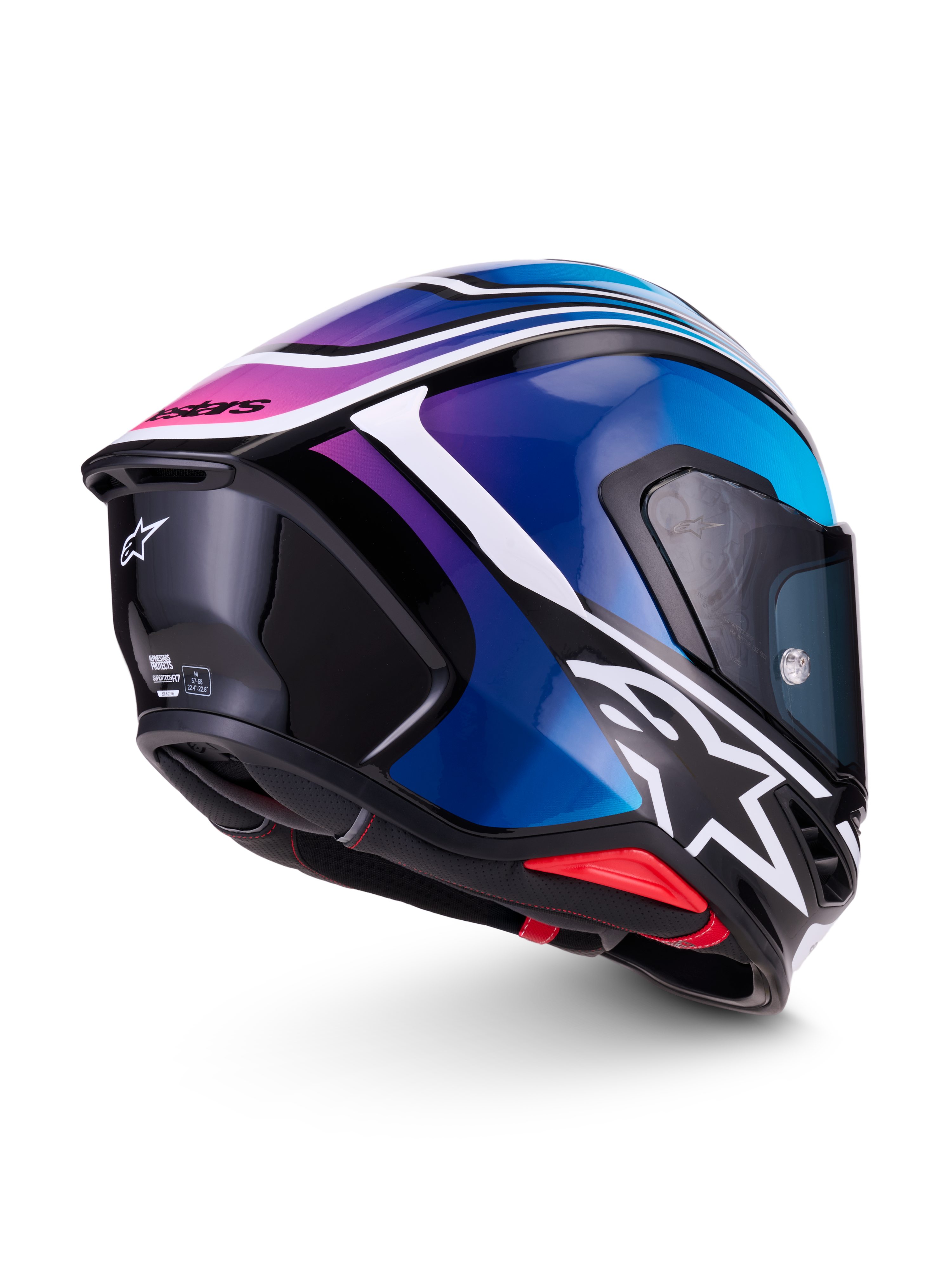 Alpinestars S-R7 Zeal Casco ECE 22.06, casco integrale da moto racing in nero, blu, rosa e bianco lucido, vista laterale e posteriore con spoiler aerodinamico e design grafico