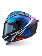 Casco Alpinestars S-R7 Zeal, casco integrale da moto, omologato ECE 22.06, finitura nero, blu, rosa e bianco lucido con costruzione in composito di carbonio e spoiler aerodinamico, vista laterale