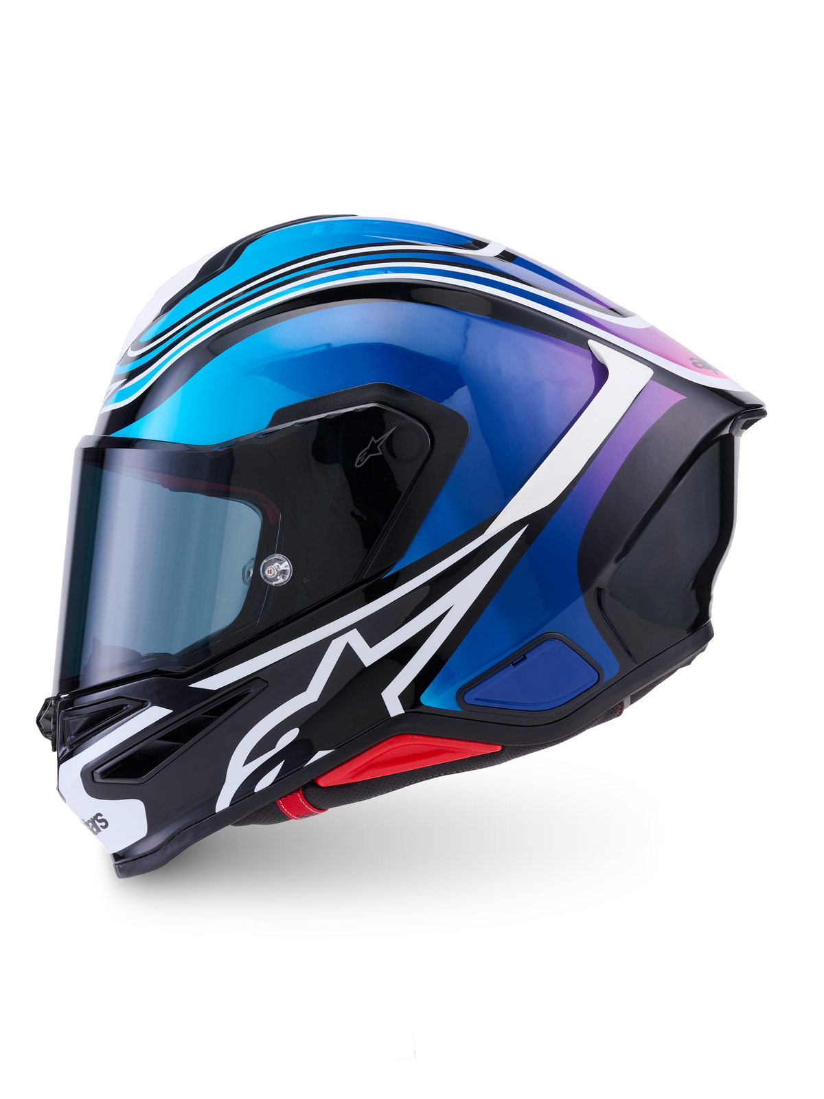 Casco Alpinestars S-R7 Zeal, casco integrale da moto, omologato ECE 22.06, finitura nero, blu, rosa e bianco lucido con costruzione in composito di carbonio e spoiler aerodinamico, vista laterale