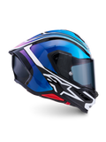 Alpinestars Casco S-R7 Zeal, casco integrale da moto racing, nero, blu, rosa fluo e bianco, costruzione in composito in carbonio, certificato ECE 22.06, vista di profilo laterale che mostra la calotta aerodinamica e la visiera