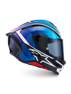 Alpinestars Casco S-R7 Zeal, casco integrale da moto racing, nero, blu, rosa fluo e bianco, costruzione in composito in carbonio, certificato ECE 22.06, vista di profilo laterale che mostra la calotta aerodinamica e la visiera