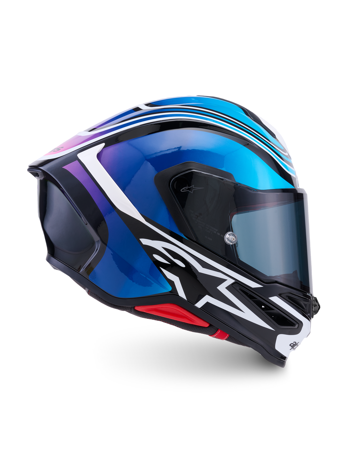 Alpinestars Casco S-R7 Zeal, casco integrale da moto racing, nero, blu, rosa fluo e bianco, costruzione in composito in carbonio, certificato ECE 22.06, vista di profilo laterale che mostra la calotta aerodinamica e la visiera