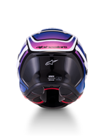Alpinestars S-R7 Zeal Casco ECE 22.06, casco integrale da moto road, vista posteriore, nero, blu e rosa fluo con finitura bianca lucida, costruzione in composito di carbonio