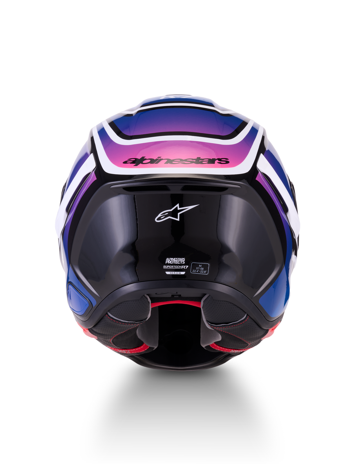 Alpinestars S-R7 Zeal Casco ECE 22.06, casco integrale da moto road, vista posteriore, nero, blu e rosa fluo con finitura bianca lucida, costruzione in composito di carbonio