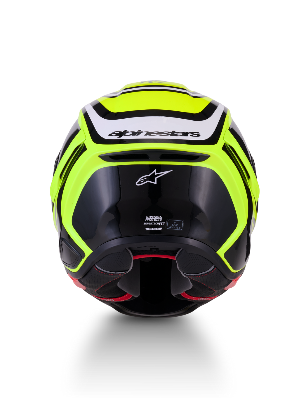 Alpinestars Casco S-R7 Zeal ECE06, casco integrale da moto racing, giallo fluo, nero e bianco, vista posteriore con marchio Alpinestars e struttura in carbonio composito