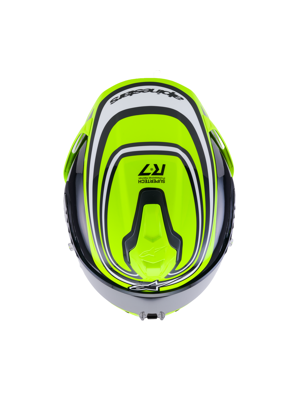 Alpinestars Casco S-R7 Zeal ECE 22.06, casco integrale da moto in giallo fluo, nero e bianco lucido, vista dall'alto con design aerodinamico e dettagli del marchio