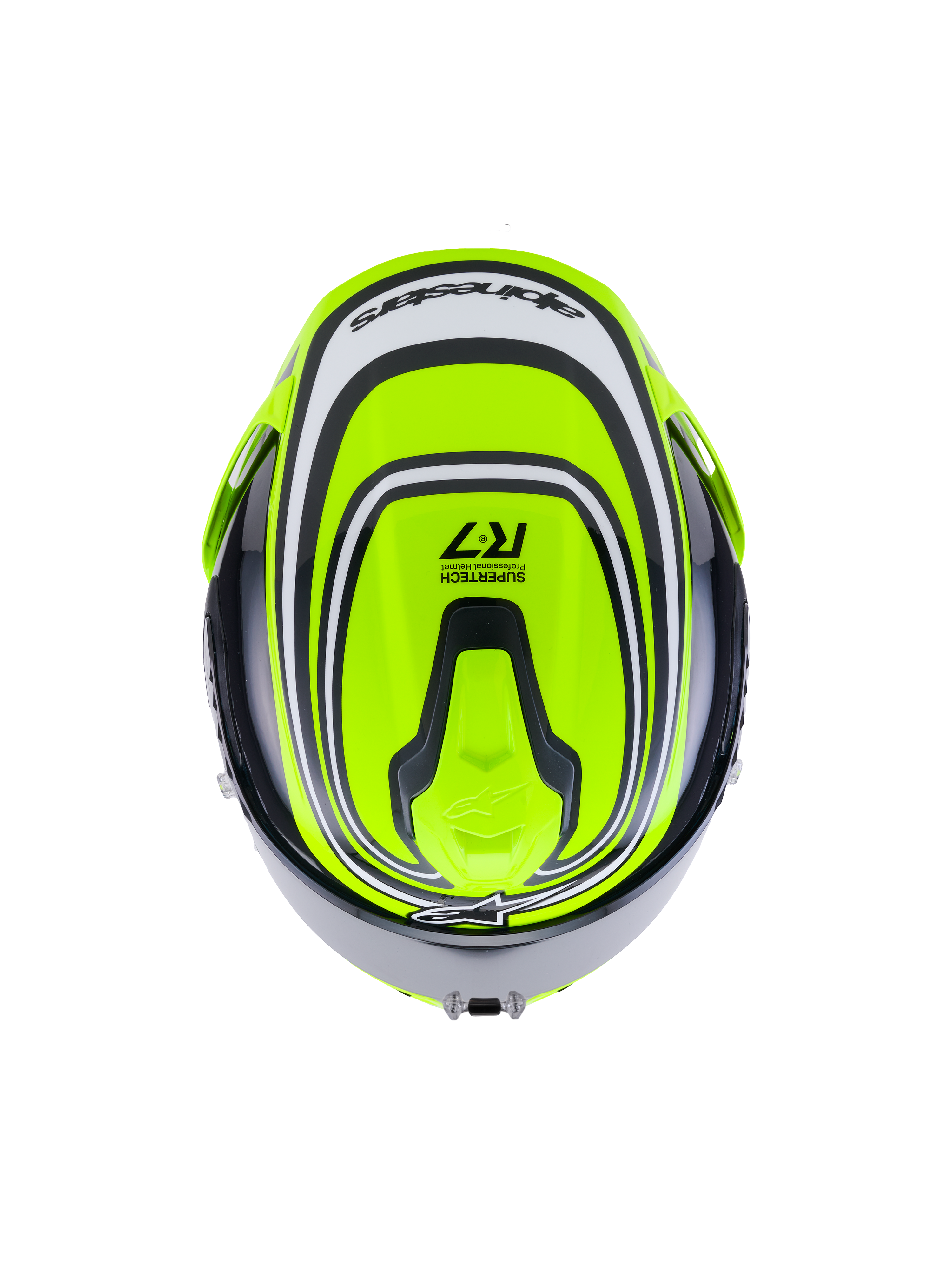 Alpinestars Casco S-R7 Zeal ECE 22.06, casco integrale da moto in giallo fluo, nero e bianco lucido, vista dall'alto con design aerodinamico e dettagli del marchio
