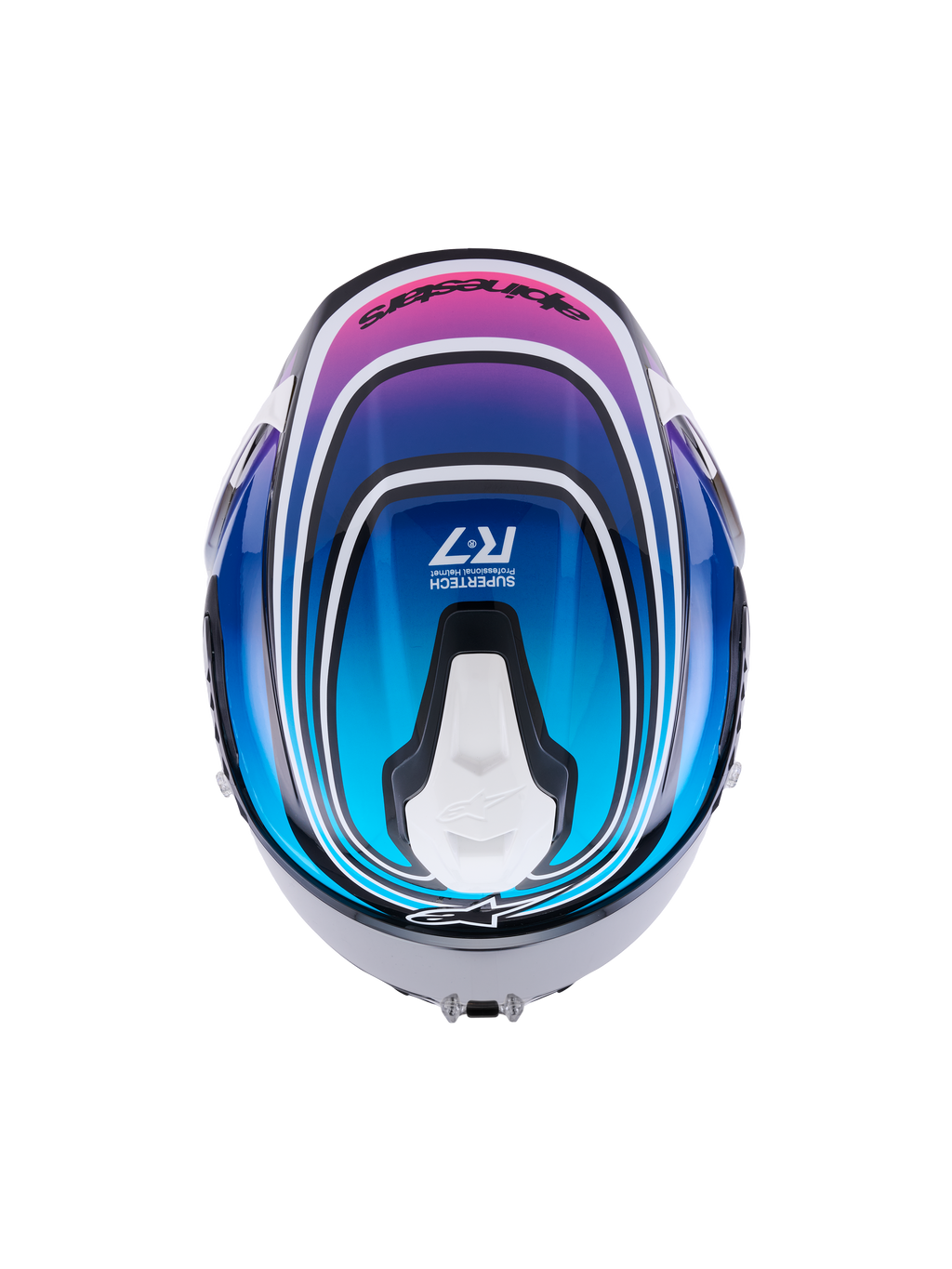 Alpinestars Casco S-R7 Zeal ECE 22.06, casco integrale da moto racing, vista dall'alto con finitura grafica lucida nera, blu, rosa e bianca e dettagli di ventilazione aerodinamica