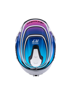 Alpinestars Casco S-R7 Zeal ECE 22.06, casco integrale da moto racing, vista dall'alto con finitura grafica lucida nera, blu, rosa e bianca e dettagli di ventilazione aerodinamica