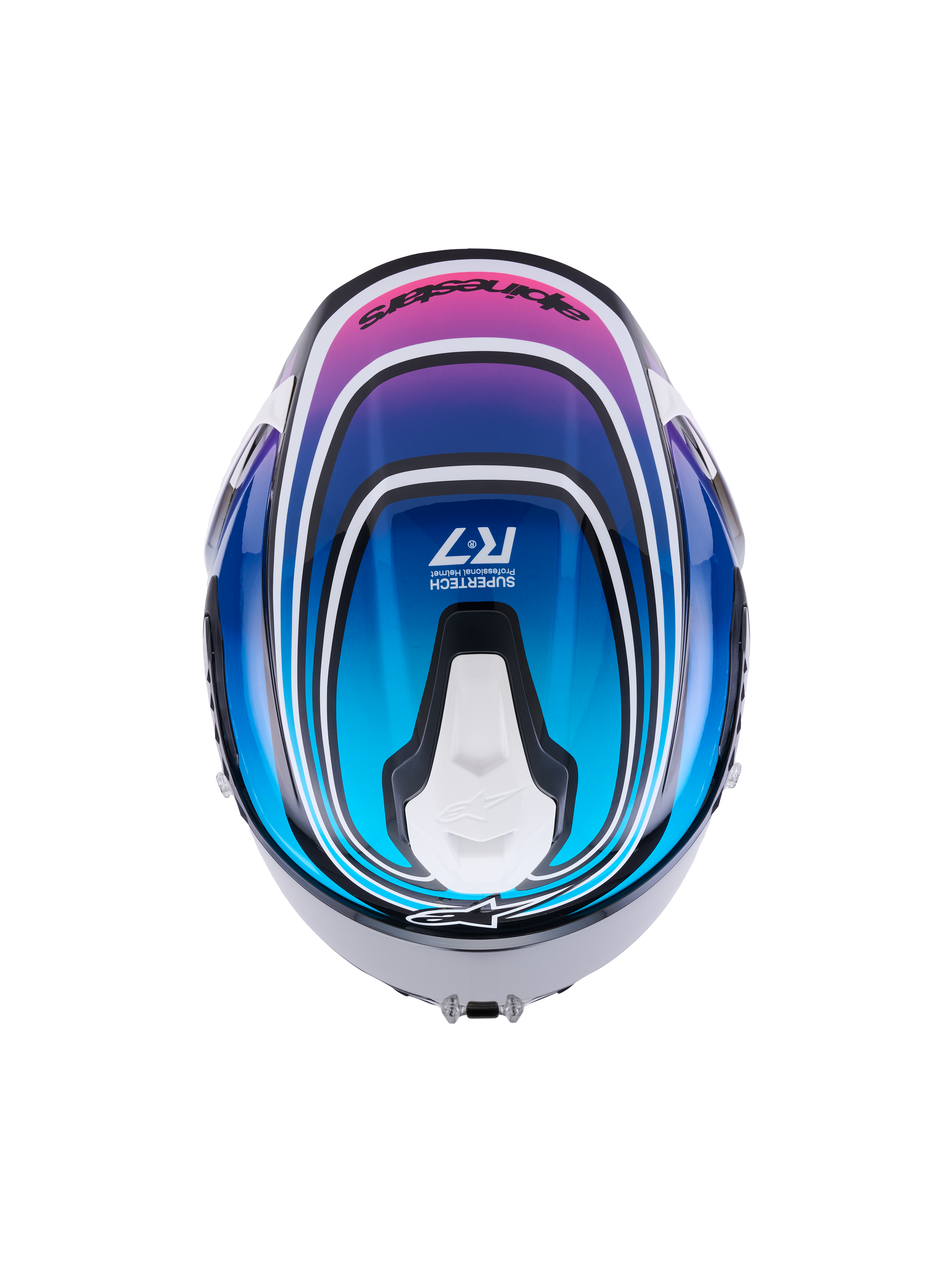 Alpinestars Casco S-R7 Zeal ECE 22.06, casco integrale da moto racing, vista dall'alto con finitura grafica lucida nera, blu, rosa e bianca e dettagli di ventilazione aerodinamica