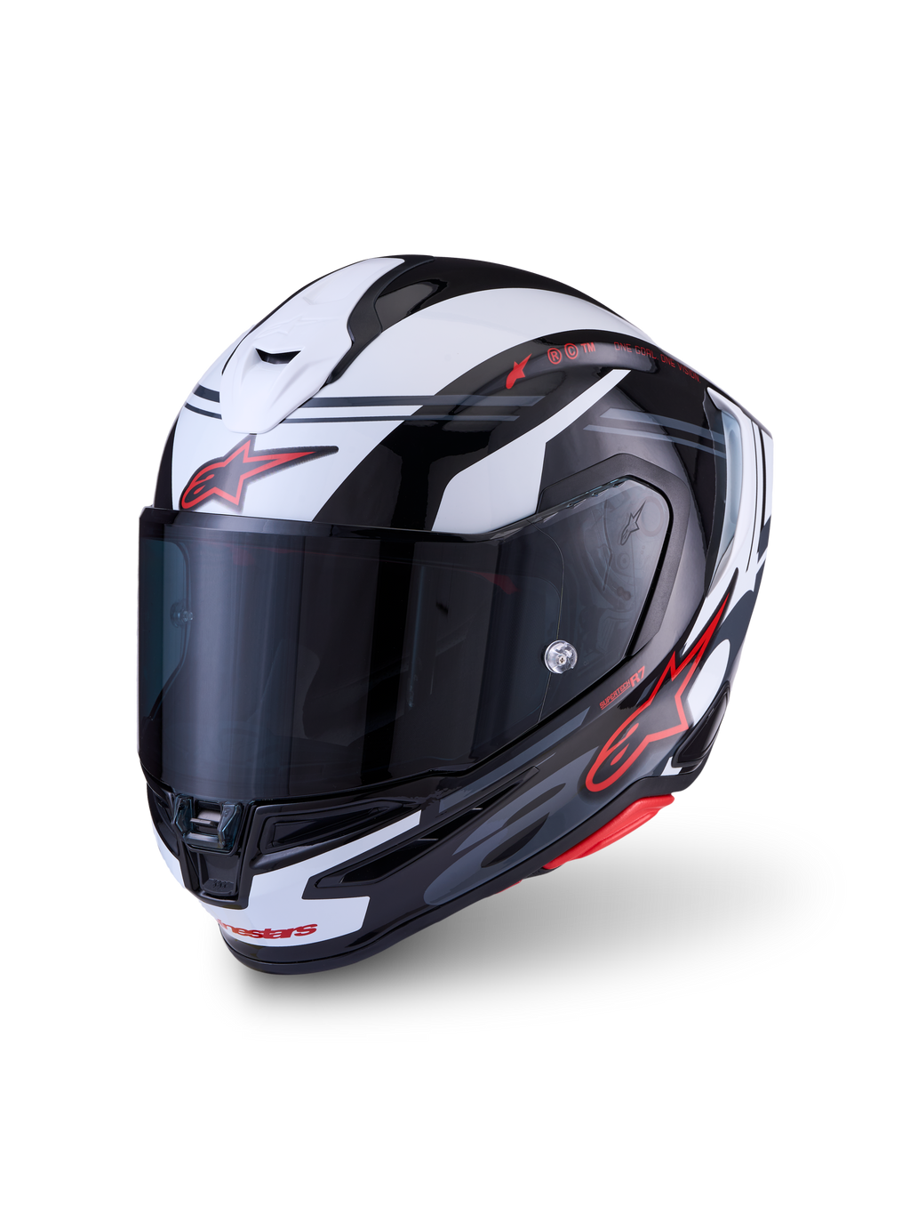Alpinestars S-R7 A-Core Casco ECE 22.06, casco integrale da moto, nero, bianco e rosso lucido, struttura in composito di carbonio, certificato ECE
