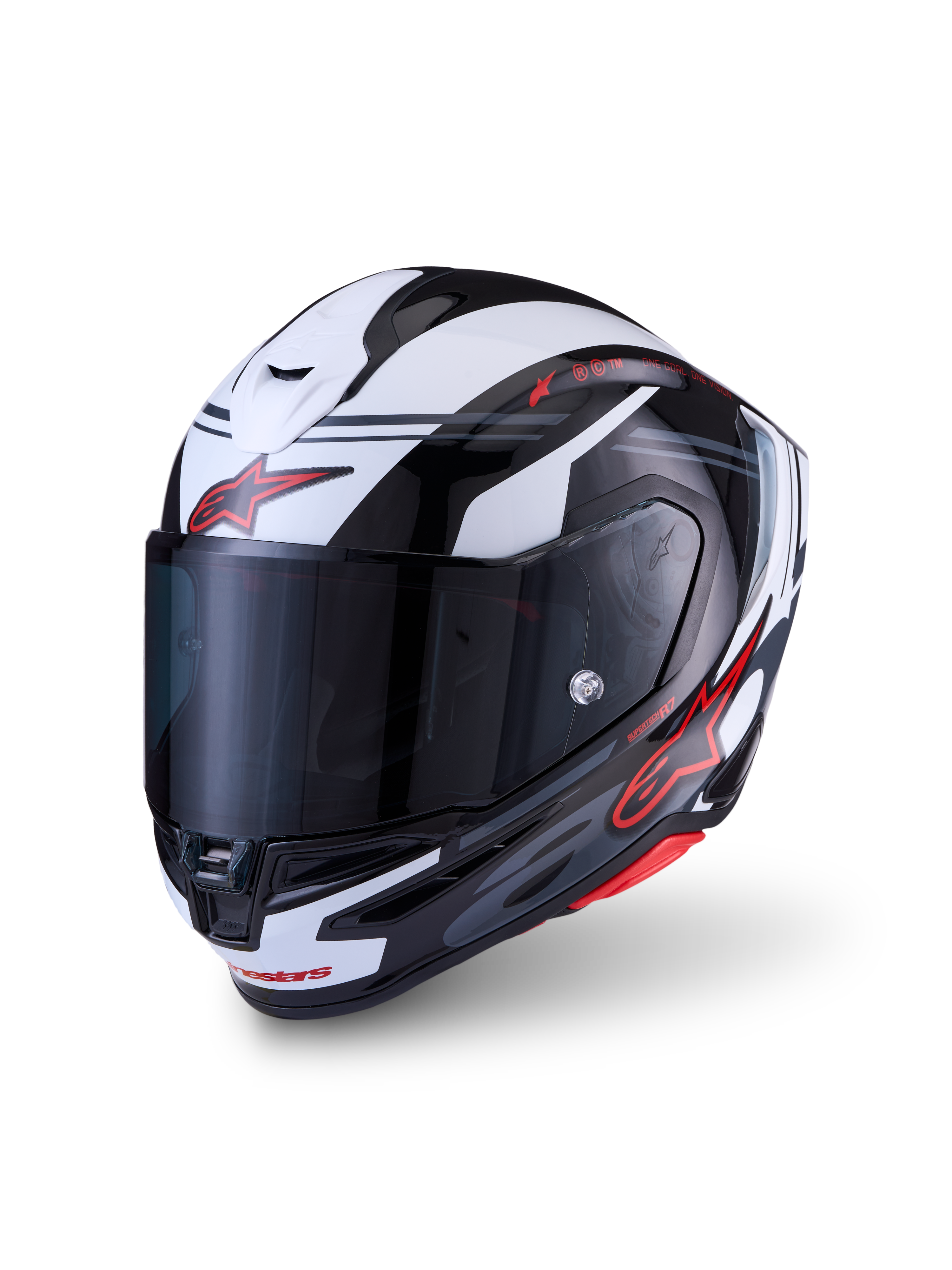 Alpinestars S-R7 A-Core Casco ECE 22.06, casco integrale da moto, nero, bianco e rosso lucido, struttura in composito di carbonio, certificato ECE