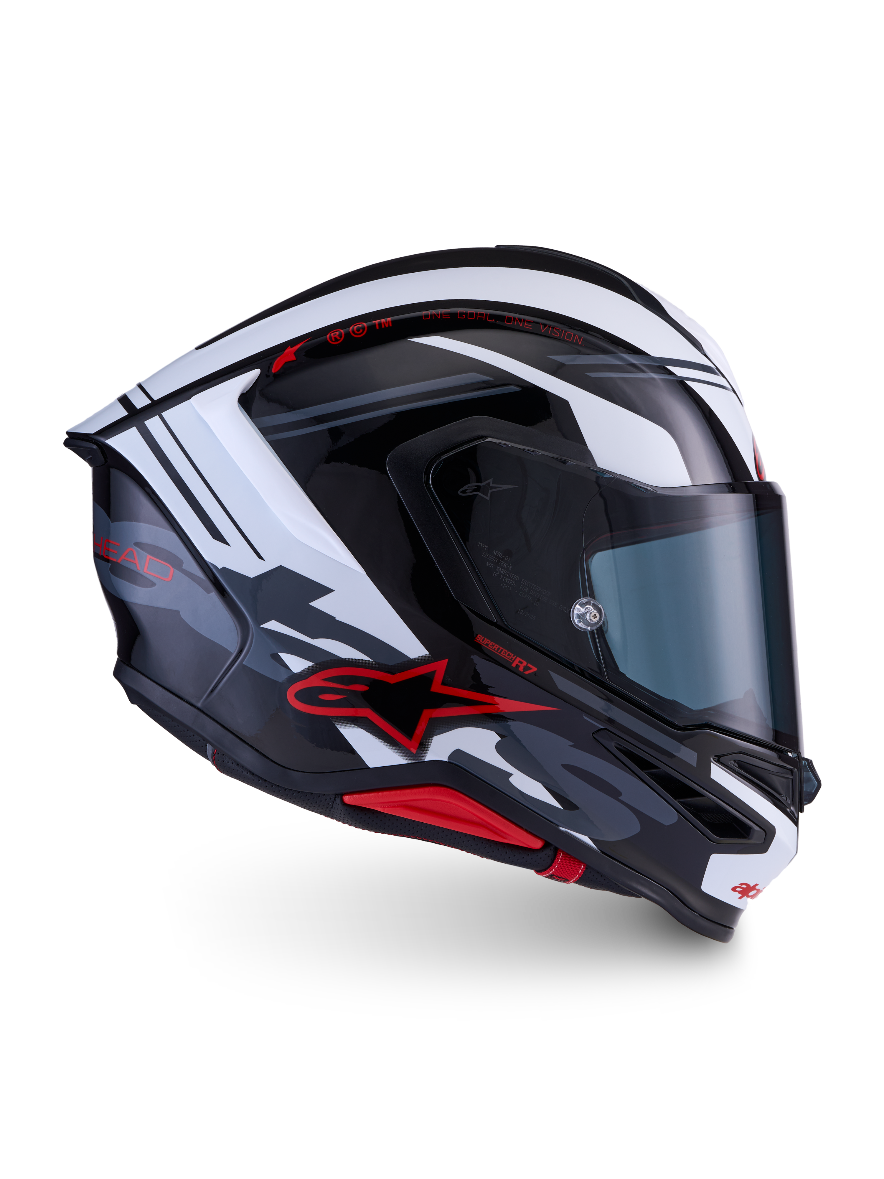 Casco Alpinestars S-R7 A-Core ECE 22.06, casco integrale da moto racing, nero, bianco e rosso lucido, costruzione in carbonio con profilo aerodinamico