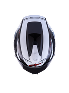 Alpinestars S-R7 A-Core Casco ECE06, vista dall'alto del casco moto racing e sportivo in finitura lucida nera, bianca e rossa, costruzione in composito di carbonio, profilo aerodinamico e dettagli di ventilazione