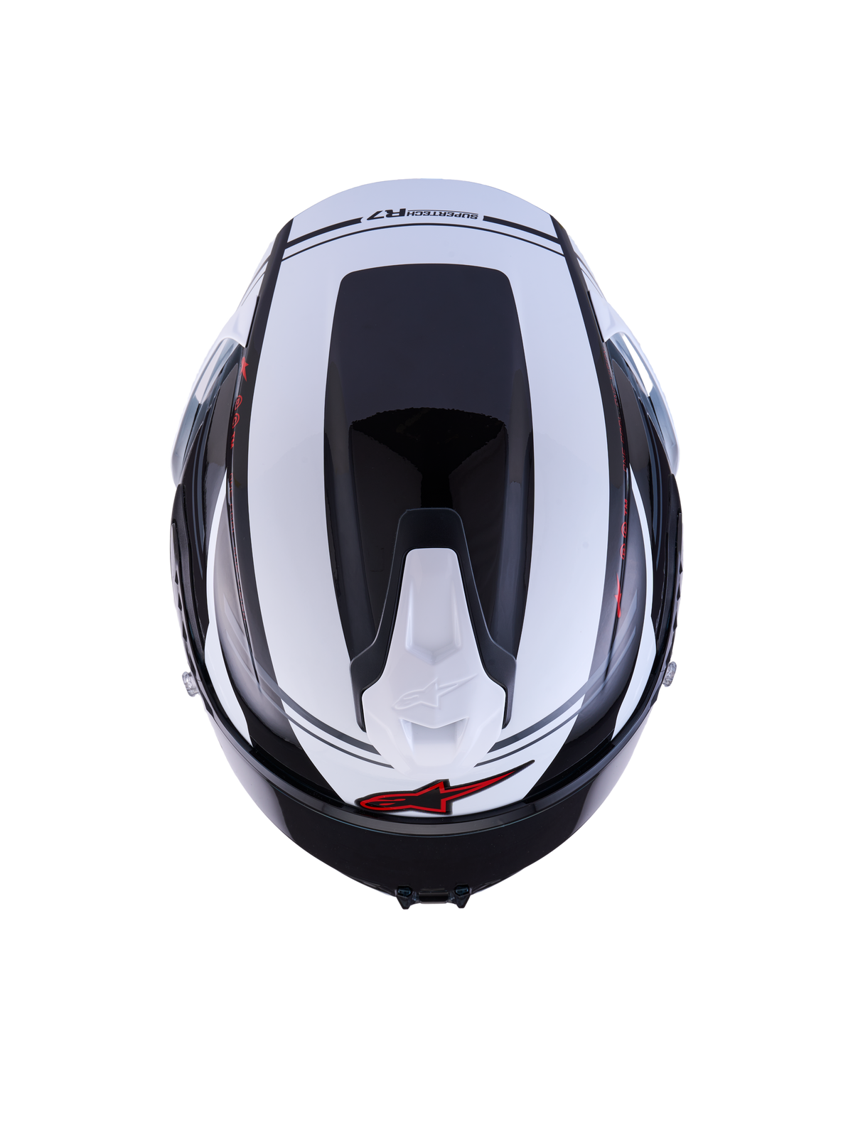Alpinestars S-R7 A-Core Casco ECE06, vista dall'alto del casco moto racing e sportivo in finitura lucida nera, bianca e rossa, costruzione in composito di carbonio, profilo aerodinamico e dettagli di ventilazione