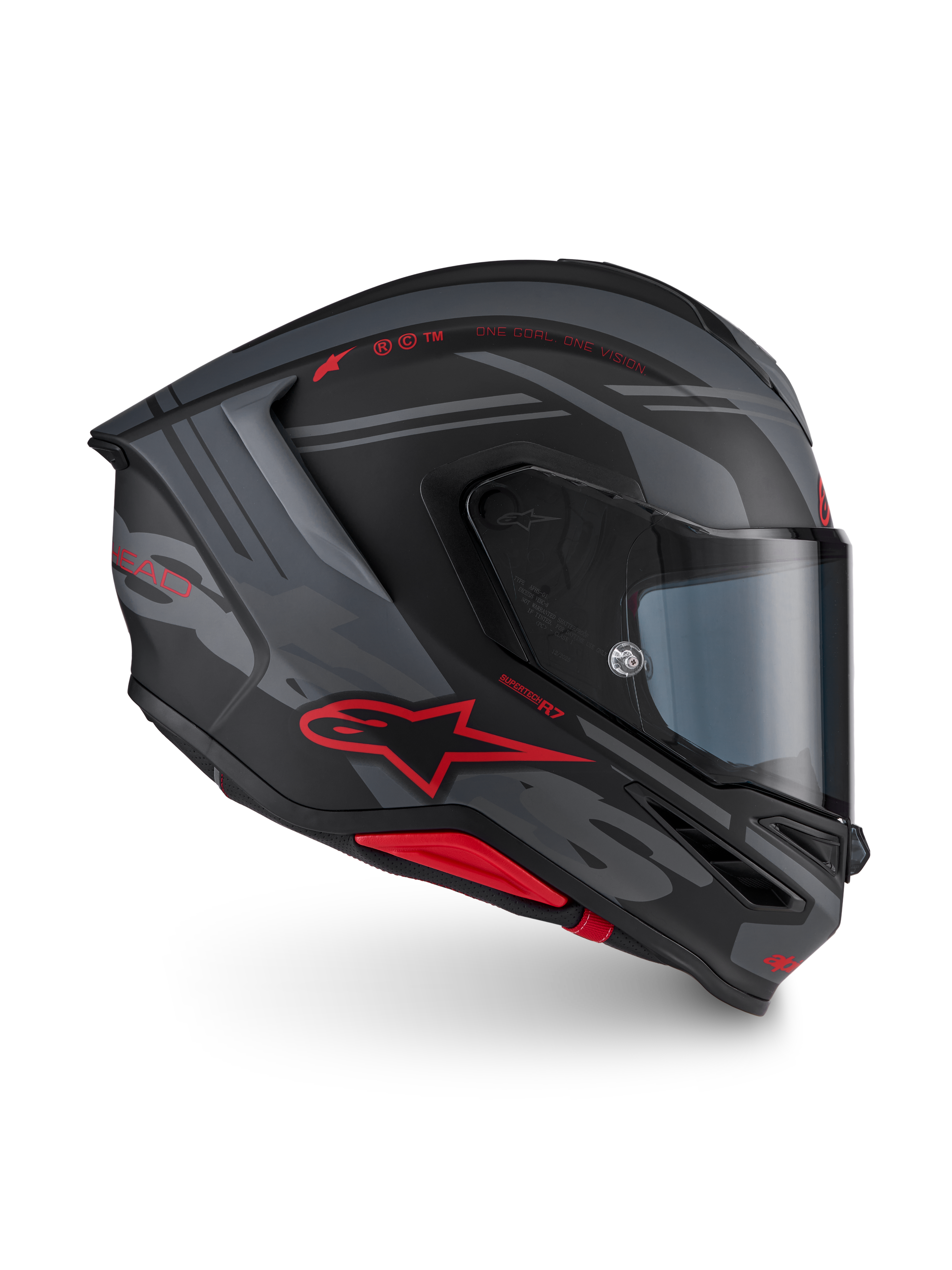 Alpinestars Casco S-R7 A-Core ECE 22.06, casco integrale da moto racing, nero opaco con dettagli grigi e rossi, costruzione in carbonio con profilo aerodinamico e branding Alpinestars rosso