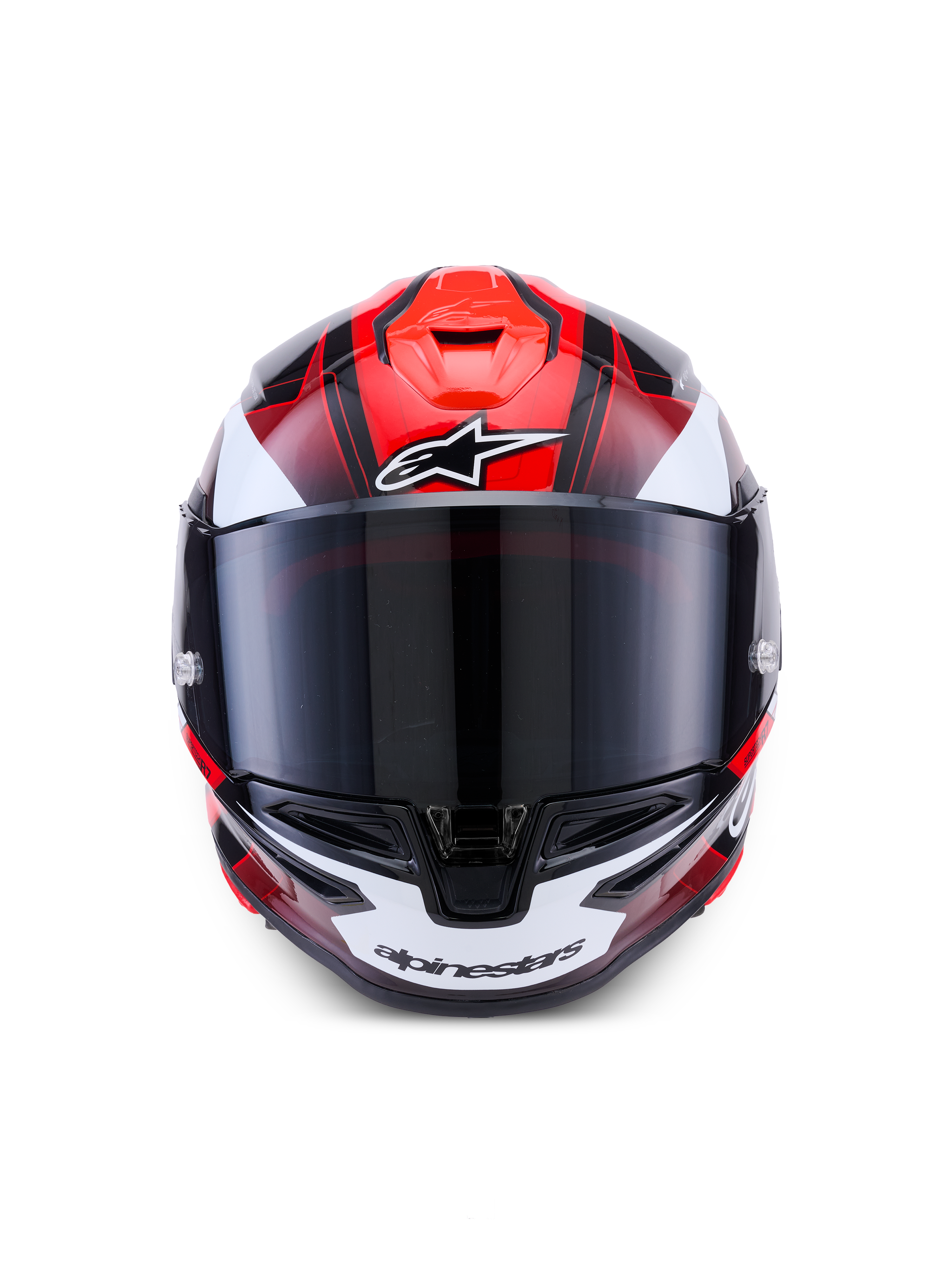 Alpinestars S-R7 Kinetis Casco ECE06, casco integrale da moto racing, nero, rosso e bianco, visuale frontale con visiera e dettagli di ventilazione