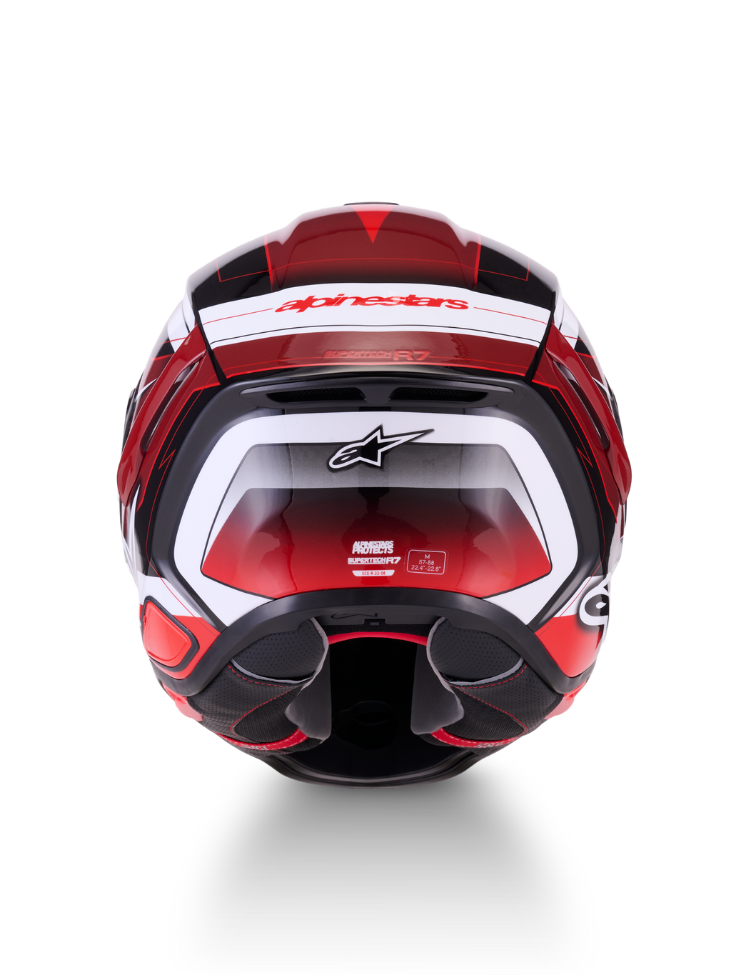 Alpinestars S-R7 Kinetis Casco ECE06, casco integrale da moto racing, vista posteriore con grafica lucida nera, rossa e bianca, loghi del marchio e dettagli di certificazione ECE