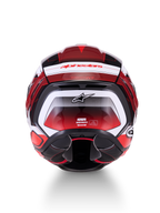 Alpinestars S-R7 Kinetis Casco ECE06, casco integrale da moto racing, vista posteriore con grafica lucida nera, rossa e bianca, loghi del marchio e dettagli di certificazione ECE