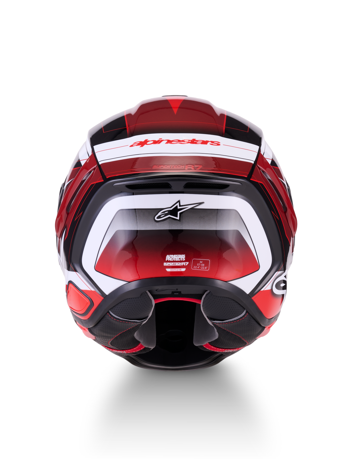 Alpinestars S-R7 Kinetis Casco ECE06, casco integrale da moto racing, vista posteriore con grafica lucida nera, rossa e bianca, loghi del marchio e dettagli di certificazione ECE