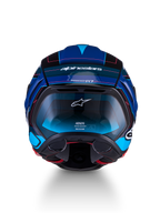 Alpinestars S-R7 Kinetis Casco ECE 22.06, casco moto road, vista posteriore in nero, blu, rosa fluo e bianco lucido, con costruzione in carbonio e design aerodinamico
