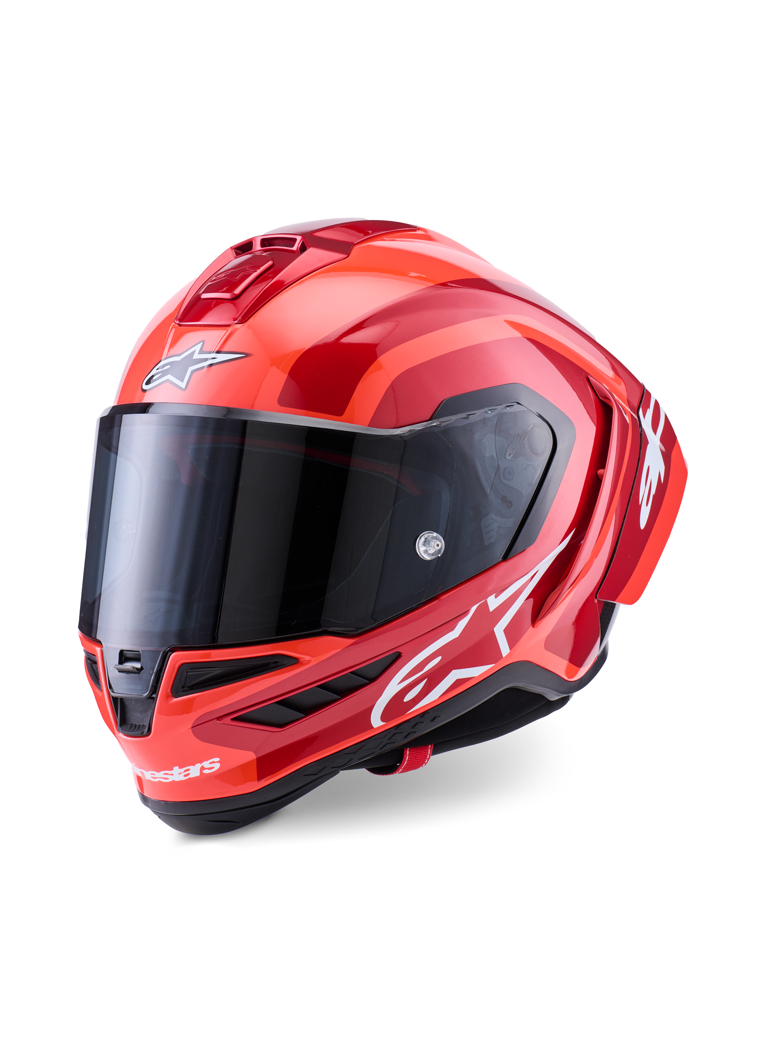 Casco Alpinestars Supertech R10 Arius, casco integrale racing, rosso e arancione lucido, con loghi Alpinestars bianchi, visiera fumé scura, design aerodinamico in composito di carbonio con sistema di ventilazione multiplo
